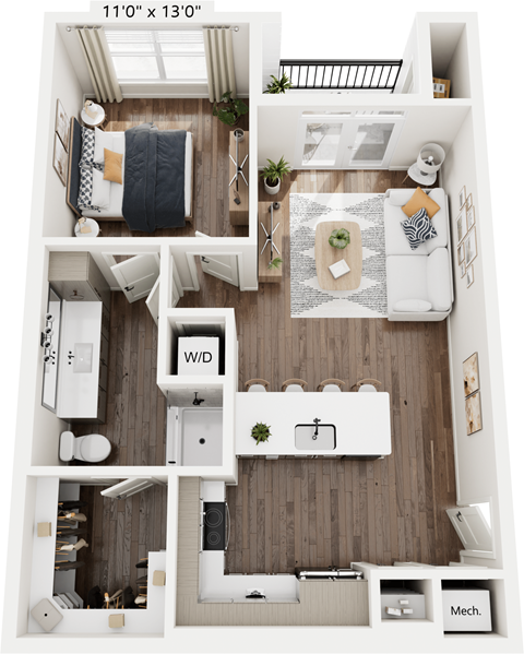 Floor plan for 1 bed, 1 bath, 693 sqft